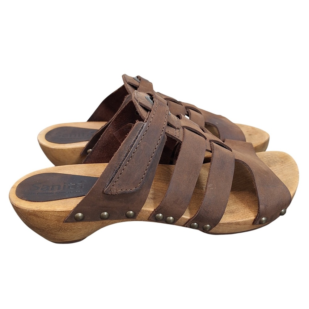 Sanita Brown Leather Wood Platform Clog Sandals Women's 7.5 Strappy Danish Clogs